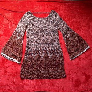 Xhilaration Tunic Top Maroon Floral 3/4 Flare Bell Sleeves Boho Chiffon S/P